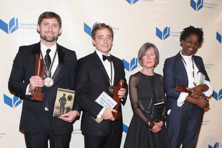 NEW YORK, NY - NOVEMBER 19: Phil Klay, Evan Osnos, Louise Gluck and Jacqueline Woodson attend 2014 National Book Awards on November 19, 2014 in New York City. (Photo by Robin Marchant/Getty Images)