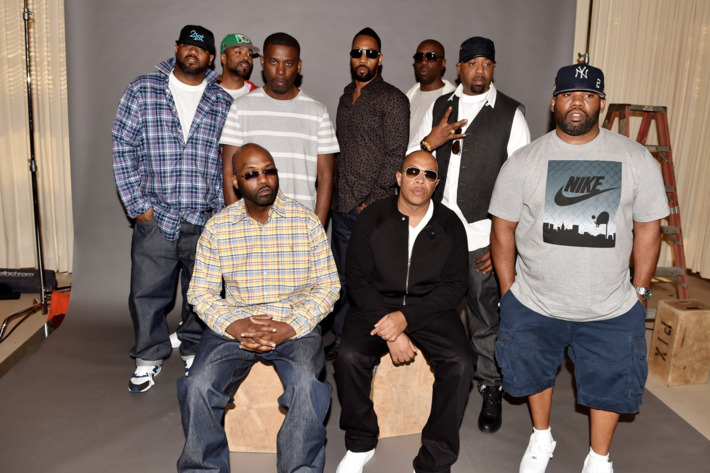 (L-R, standing) Rappers Ghostface Killah, Method Man, GZA, RZA, Inspectah Deck, Cappadonna, Raekwon, (L-R, seated), Masta Killa and U-God of the Wu-Tang Clan pose at a press conference to announce they have signed with Warner Bros. Records at Warner Bros. Records on October 2, 2014 in Burbank, California. (Photo by Kevin Winter/Getty Images)