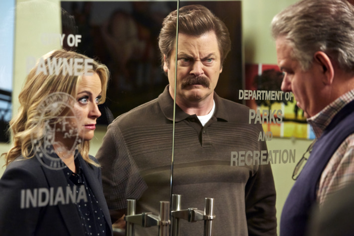 PARKS AND RECREATION -- "Funkin' Gonuts" Episode 704 -- Pictured: (l-r) Amy Poehler as Leslie Knope, Nick Offerman as Ron Swanson, Jim O'Heir as Jerry Gergich -- (Photo by: Ben Cohen/NBC)
