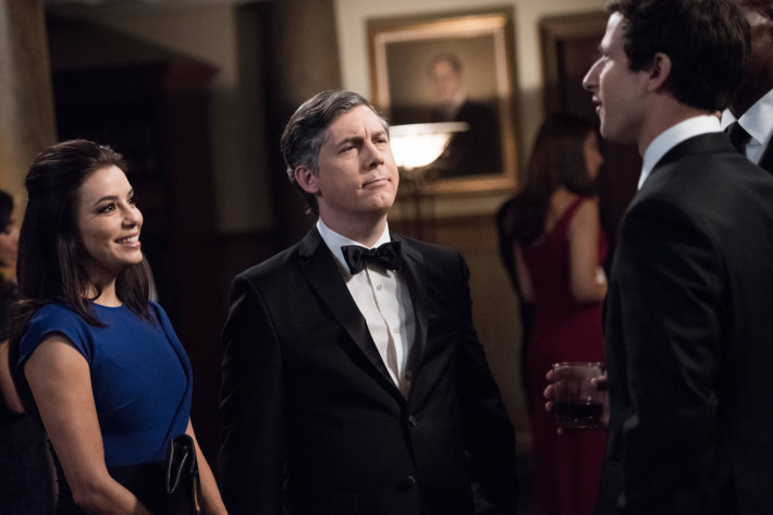 BROOKLYN NINE-NINE: Jake (Andy Samberg, R) meets Sophia's (guest star Eva Longoria, L) boss (guest star Chris Parnell, C) in the "The Defense Rests" episode of BROOKLYN NINE-NINE airing Sunday, Jan 25 (8:30-9:00 PM ET/PT) on FOX. ?2014 Fox Broadcasting Co. CR: Eddy Chen/FOX