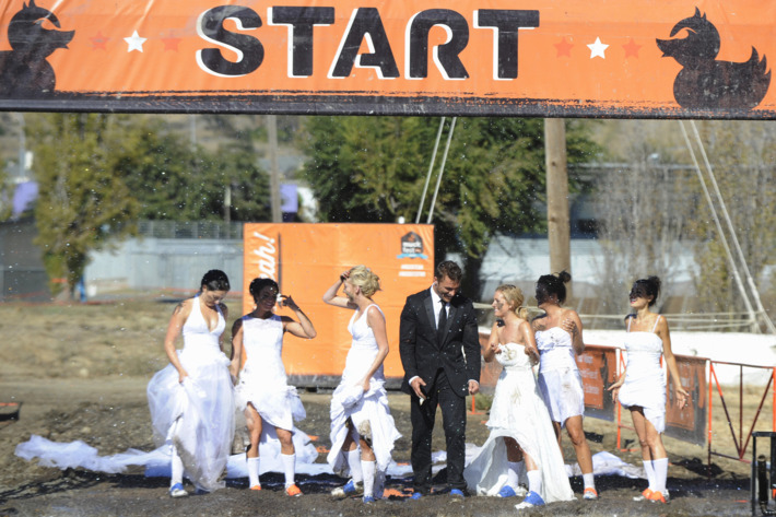 THE BACHELOR - "Episode 1904" - It's off to San Francisco for Chris and six bachelorettes for the last group date. Dressed in wedding gowns, the women have to complete a difficult mud run with the losers going home and the winner spending a romantic night with Chris. Just so happens the winner is a frontrunner in the race for the Bachelor's heart, and she leaves the other five women in the dust. An amorous mood is set at dinner overlooking the glittering city by the bay, and Chris has a chance to find out about another side of this stunning beauty. Will she capture his heart or leave without a rose? - on "The Bachelor," MONDAY, JANUARY 26 (8:00-10:01 p.m., ET), on the ABC Television Network. (ABC/David Moir)NIKKI, JILLIAN, WHITNEY, CHRIS SOULES, CARLY, BECCA, BRITT