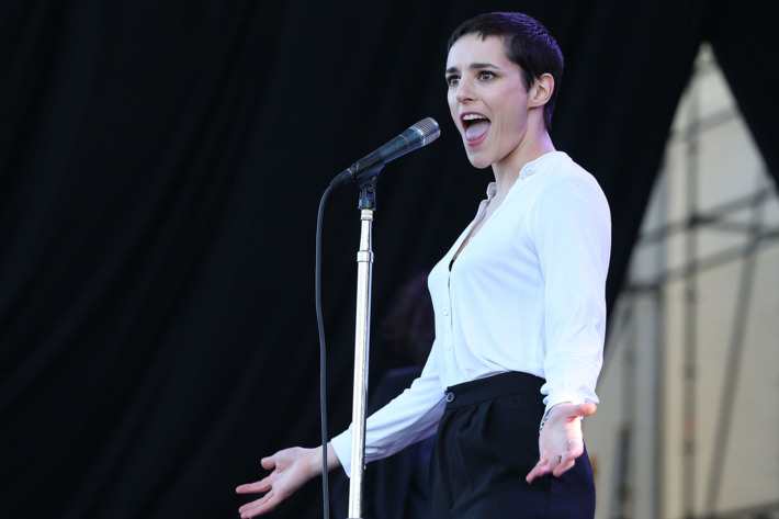 AUCKLAND, NEW ZEALAND - JANUARY 27: Lead singer Jehnny Beth of London based band Savages performs live on stage during the Laneway Festival on January 27, 2014 in Auckland, New Zealand. (Photo by Fiona Goodall/Getty Images)