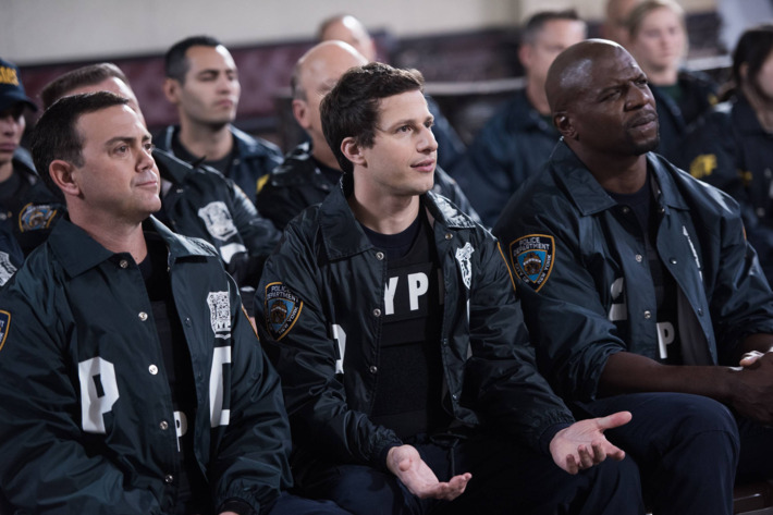 BROOKLYN NINE-NINE: The squad is invited to a Homeland Security terrorist training simulation in the "Hostages" episode of BROOKLYN NINE-NINE airing Sunday, Feb. 8 (8:30-9:00 PM ET/PT) on FOX. Pictured L-R: Joe Lo Truglio, Andy Samberg and Terry Crews. ?2014 Fox Broadcasting Co. CR: Eddy Chen/FOX