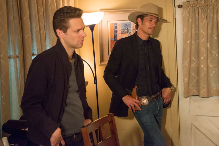 JUSTIFIED -- "The Trash and the Snake" -- Episode 604 (Airs Tuesday, February 10, 10:00 pm e/p) -- Pictured: (L-R) Jacob Pitts as Deputy U.S. Marshal Tim Gutterson, Timothy Olyphant as Deputy U.S. Marshal Raylan Givens -- CR: Byron Cohen/FX