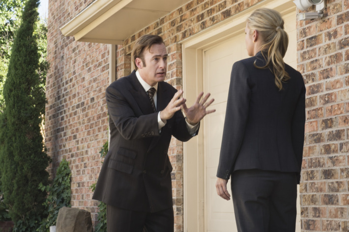 Bob Odenkirk as Saul Goodman and Rhea Seehorn as Kim - Better Call Saul _ Season 1, Episode 3 - Photo Credit: Ursula Coyote/AMC
