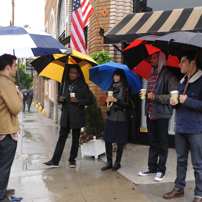 NEW GIRL: Nick (Jake Johnson, L) and the gang (Lamorne Morris, Hannah Simone, Damon Wayans, Jr. and Max Greenfield) travel to Jess's childhood home in Portland, Oregon for her father's wedding in the