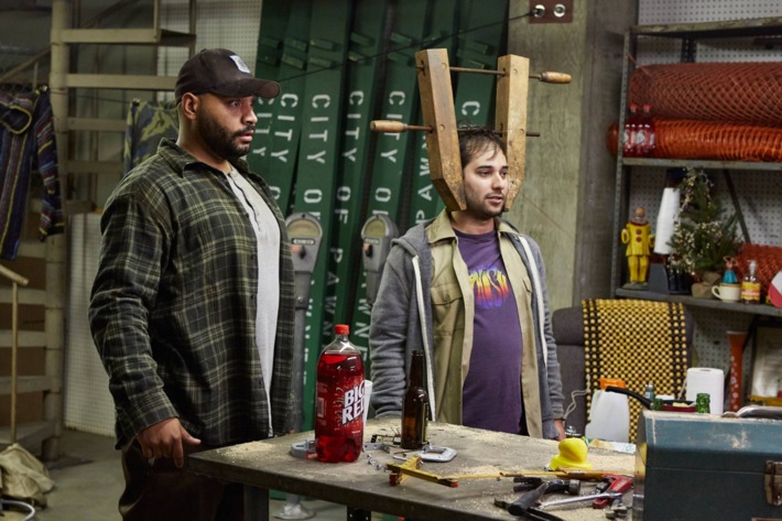 PARKS AND RECREATION -- "Pie-mary" Episode 708 -- Pictured: (l-r) Colton Dunn as Brett, Harris Wittels as Harris -- (Photo by: Ben Cohen/NBC/NBCU Photo Bank via Getty Images)