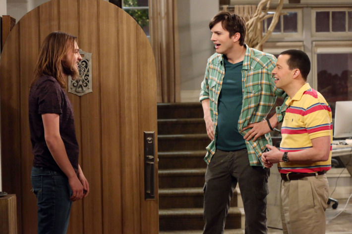 "Of Course He\'s Dead -- Part One and Part Two" -- Charlie Harper is alive. Or is he? The cast tapes the one-hour series finale of TWO AND A HALF MEN, to be broadcast Thursday, Feb. 19 (9:00-10:00PM, ET/PT) on the CBS Television Network. Surprise guest stars will appear in the conclusion of the successful comedy\'s 12th and final season. Pictured L-R: Angus T. Jones as Jake Harper, Ashton Kutcher as Walden Schmidt, and Jon Cryer as Alan Harper Photo: Michael Yarish/Warner Bros. Entertainment Inc. ???2015 WBEI. All rights reserved