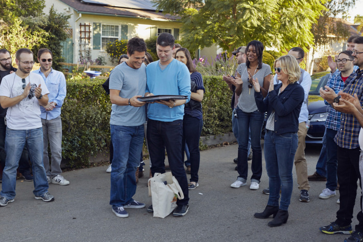 PARKS AND RECREATION -- "Ann & Chris" Episode 613 -- Pictured: (l-r) Rob Lowe as Chris Traeger, Michael Schur (Executive Producer), Amy Poehler as Leslie Knope, Dean Holland (Executive Producer) -- (Photo by: Ben Cohen/NBC/NBCU Photo Bank)