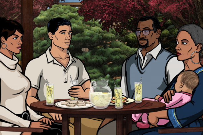 ARCHER: Episode 8, Season 6 "The Kanes" (Airing Thursday, February 26, 10:00 PM e/p) Lana introduces Archer to his parents. Archer introduces Lana's parents to high speed chases. Pictured: (L-R) Lana Kane (voice of Aisha Tyler), Sterling Archer (voice of H. Jon Benjamin), Lemuel Kane (voice of Keith David), Claudette Kane (voice of CCH Pounder), baby AJ.