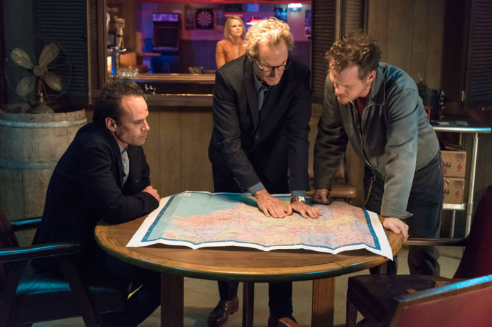 JUSTIFIED -- "Trust" -- Episode 610 (Airs Tuesday, March 24, 10:00 pm e/p) -- Pictured: (L-R) Walton Goggins as Boyd Crowder Joelle Carter as Ava Crowder, Jere Burns as Wynn Duffy, Justin Welborn as Carl -- CR: Prashant Gupta/FX