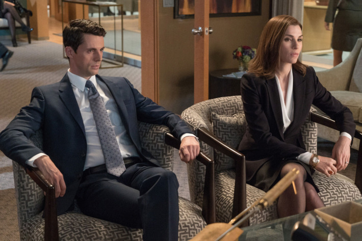 "Undisclosed Recipients" -- The partners of Florrick/Agos/Lockhart find themselves at odds when they voice different opinions regarding the company\'s future. Also, the firm falls victim to a cyber-hack after it takes on the case of a movie producer whose work is pirated on a peer-to-peer sharing site, on THE GOOD WIFE, on the CBS Television Network. Pictured (L-R) Matthew Goode as Finn Polmar as Julianna Margulies as Alicia Florrick Photo: David M. Russell ???2015 CBS Broadcasting, Inc. All Rights Reserved
