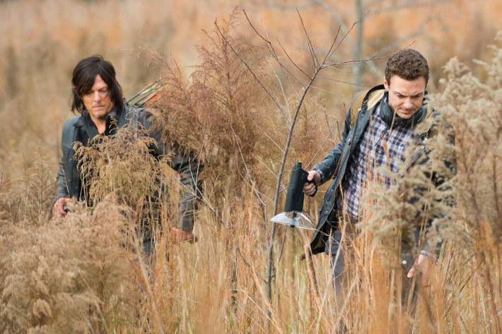 Norman Reedus as Daryl Dixon and Ross Marquand as Aaron - The Walking Dead _ Season 5, Episode 16 - Photo Credit: Gene Page/AMC