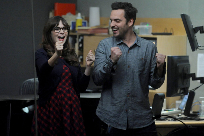 NEW GIRL: Jess (Zooey Deschanel, L) and Nick (Jake Johnson, R) are excited when Coach and May reconcile in the "Panty Gate" episode of NEW GIRL airing Tuesday, April 28 (9:00-9:30 PM ET/PT) on FOX. ?2015 Fox Broadcasting Co. Cr: Ray Mickshaw/FOX