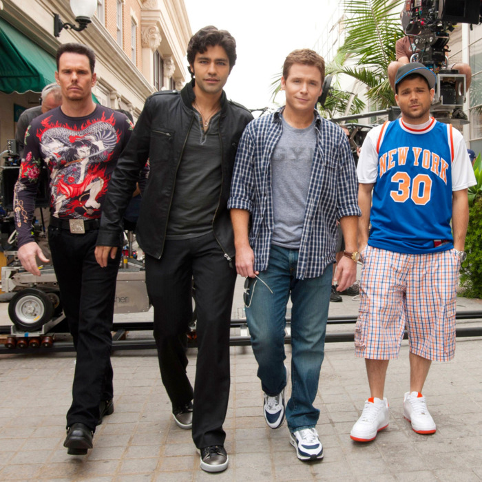 ENTOURAGE, (from left): Kevin Dillon, Adrian Grenier, Kevin Connolly, Jerry Ferrara, 'Out With A Ban