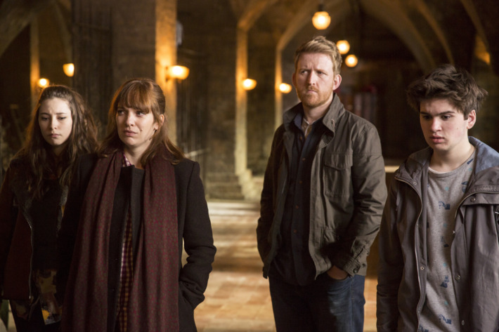 Lucy Carless as Mattie Hawkins, Katherine Parkinson as Laura Hawkins, Tom Goodman Hill as Joe Hawkins and Theo Stevenson as Toby Hawkins - Humans _ Season 1, Episode 8- Photo Credit: Colin Hutton/Kudos/AMC/C4