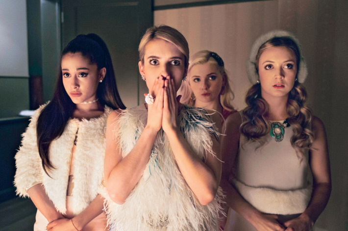 SCREAM QUEENS premiering September 2015 on FOX. Pictured L-R: guest-star Ariana Grande, Emma Roberts, Abigail Breslin and Billie Lourd.