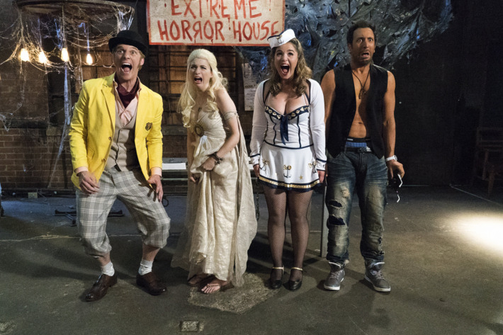 YOU'RE THE WORST -- "Spooky Sunday Funday" --Episode 208 (Airs Wednesday, October 28, 10:30 pm e/p) Pictured: (l-r) Chris Geere as Jimmy, Aya Cash as Gretchen, Kether Donohue as Lindsay, Desmin Borges as Edgar. CR: Byron Cohen/FX