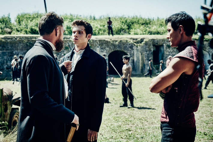 Marton Csokas as Quinn, Oliver Stark as Ryder and Daniel Wu as Sunny - Into the Badlands _ Season 1, Epsiode 1 - Photo Credit: Patti Perret/AMC