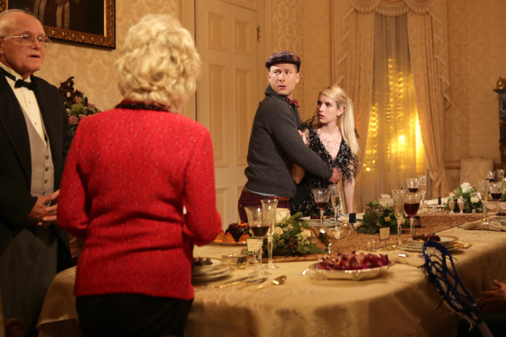 SCREAM QUEENS: L-R: Guest stars Julia Duffy and Jerry Leggio, series stars Glen Powell and Emma Roberts, guest stars Alan Thicke, Chad Michael Murray and Patrick Schwarzenegger in the "Thanksgiving" episode of SCREAM QUEENS airing Tuesday, Nov. 24 (9:00-10:00 PM ET/PT) on FOX. ©2015 Fox Broadcasting Co. Cr: Patti Perret/FOX.