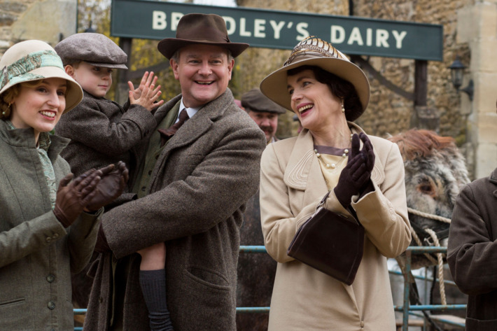 Downton AbbeyPart Two - Sunday, January 10, 2016 at 9pm ET on MASTERPIECE on PBSWedding plans hit a snag. Pigs lead to trouble for Edith and Marigold. Thomas gets a hint. Anna has a secret appointment. Violet and Isobel lock horns over health care. Shown from left to right: Laura Carmichael as Lady Edith, Oliver/Zac Barker as Master George, Hugh Bonneville as Lord Grantham, and Elizabeth McGovern as Cora (C) Nick Briggs/Carnival Film & Television Limited 2015 for MASTERPIECE This image may be used only in the direct promotion of MASTERPIECE CLASSIC. No other rights are granted. All rights are reserved. Editorial use only. USE ON THIRD PARTY SITES SUCH AS FACEBOOK AND TWITTER IS NOT ALLOWED.