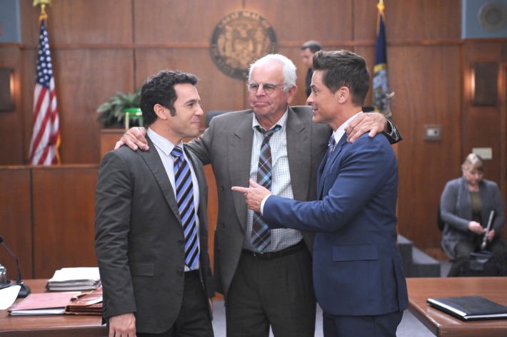 THE GRINDER: L-R: Fred Savage, William Devane and Rob Lowe in the