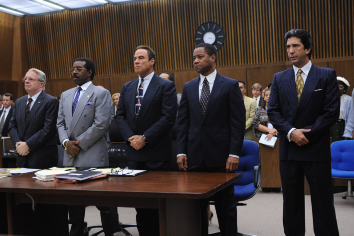 THE PEOPLE v. O.J. SIMPSON: AMERICAN CRIME STORY "100% Not Guilty" Episode 104 (Airs Tuesday, February 23, 10:00 pm/ep) -- Pictured: (l-r) Nathan Lane as F. Lee Bailey, Courtney B. Vance as Johnnie Cochran, John Travolta as Robert Shapiro, Cuba Gooding, Jr. as O.J. Simpson, David Schwimmer as Robert Kardashian. CR: Ray Mickshaw/FX