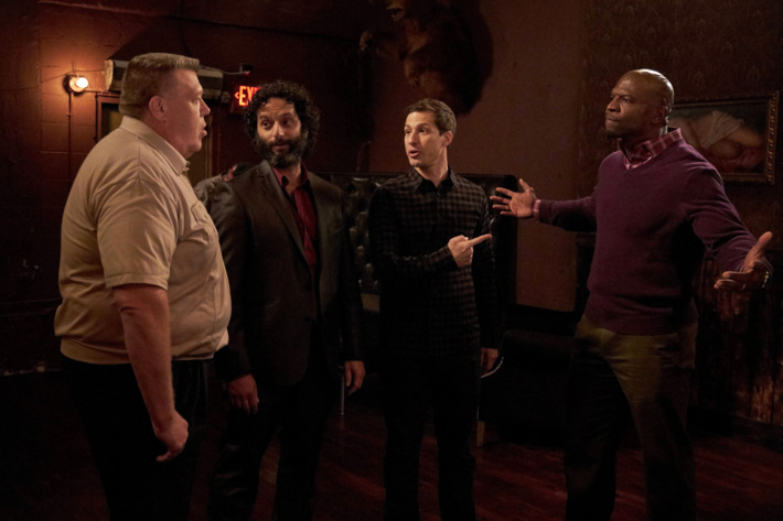 BROOKLYN NINE-NINE: L-R: Joel McKinnon Miller, guest star Jason Mantzoukas, Andy Samberg and Terry Crews in the ÒParanoiaÓ episode of BROOKLYN NINE-NINE airing Tuesday, March 29 (9:00-9:30 PM ET/PT) on FOX. ©2016 Fox Broadcasting Co. CR: John P. Fleenor/FOX