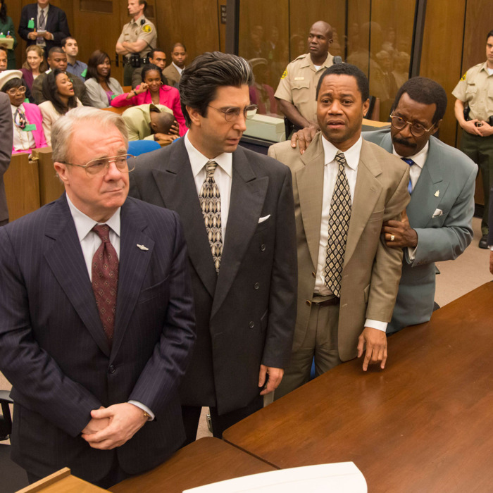 THE PEOPLE v. O.J. SIMPSON: AMERICAN CRIME STORY “The “Verdict” Episode 110 (Airs Tuesday, April 5, 10:00 pm/ep) -- Pictured: (l-r) Nathan Lane as F. Lee Bailey, David Schwimmer as Robert Kardashian, Cuba Gooding, Jr. as O.J. Simpson, Courtney B. Vance as Johnnie Cochran, John Travolta as Robert Shapiro. CR: Prashant Gupta/FX