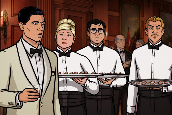 ARCHER -- " Bel Panto: Part I "-- Episode 705 (Airs Thursday, April 28, 10:00pm e/p) Pictured: (l-r) Sterling Archer (voice of H. Jon Benjamin), Pam Poovey (voice of Amber Nash), Cyril Figgis (voice of Chris Parnell), Ray Gillette (voice of Adam Reed). CR: FX
