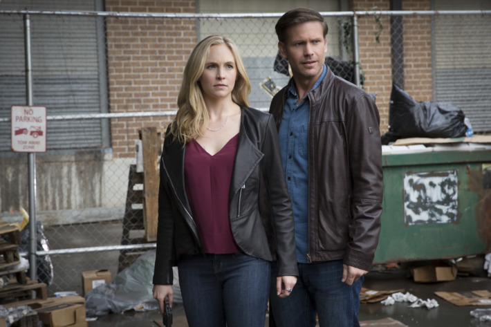 The Vampire Diaries -- "Kill \'Em All" -- Image Number: VD720b_0051.jpg -- Pictured (L-R): Candice King as Caroline and Matt Davis as Alaric -- Photo: Bob Mahoney/The CW -- é 2016 The CW Network, LLC. All rights reserved.