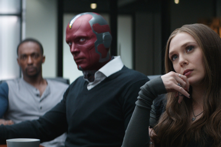 Marvel's Captain America: Civil WarL to R: Sam Wilson/Falcon (Anthony Mackie), Vision (Paul Bettany), Wanda Maximoff/Scarlet Witch (Elizabeth Olsen)Photo Credit: Film Frame© Marvel 2016