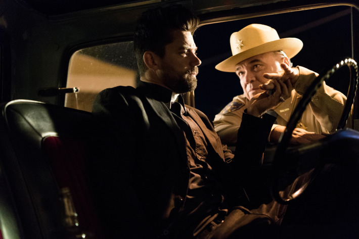 Dominic Cooper as Jesse Custer, W. Earl Brown as Hugo Root; group - Preacher _ Season 1, Pilot - Photo Credit: Lewis Jacobs/AMC