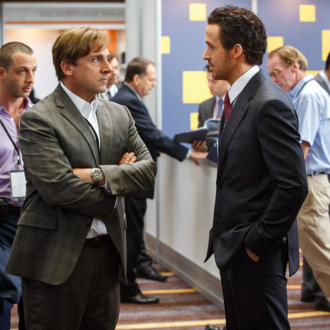 Left to right: Steve Carell plays Mark Baum and Ryan Gosling plays Jared Vennett in The Big Short from Paramount Pictures and Regency Enterprises