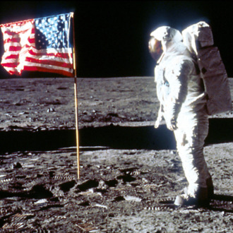 Buzz Aldrin Poses next To The U.S. flag On Moon