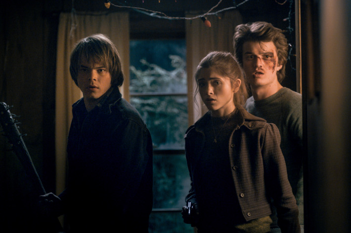 Charlie Heaton as Jonathan, Natalia Dyer as Nancy, Joe Keery as Steve.
