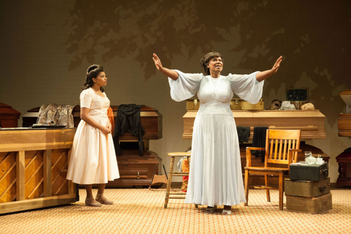 Rebecca Naomi Jones as Marie Knight and Kecia Lewis as Sister Rosetta Tharpe in Atlantic Theater Company’s world premiere production of George Brant’s play with music MARIE AND ROSETTA, directed by Neil Pepe, opening September 14, 2016 at The Linda Gross Theater (336 West 20 Street). Photo: Ahron R. Foster.