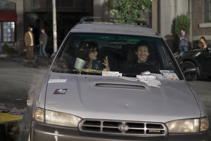 BROOKLYN NINE-NINE: L-R: Guest star Zooey Deschanell of NEW GIRL and Andy Samberg in the special ÒThe Night ShiftÓ crossover episode of BROOKLYN NINE-NINE airing Tuesday, Oct. 11 (8:00-8:31 PM ET/PT) on FOX. ©2016 Fox Broadcasting Co. Cr: John P Fleenor/FOX.