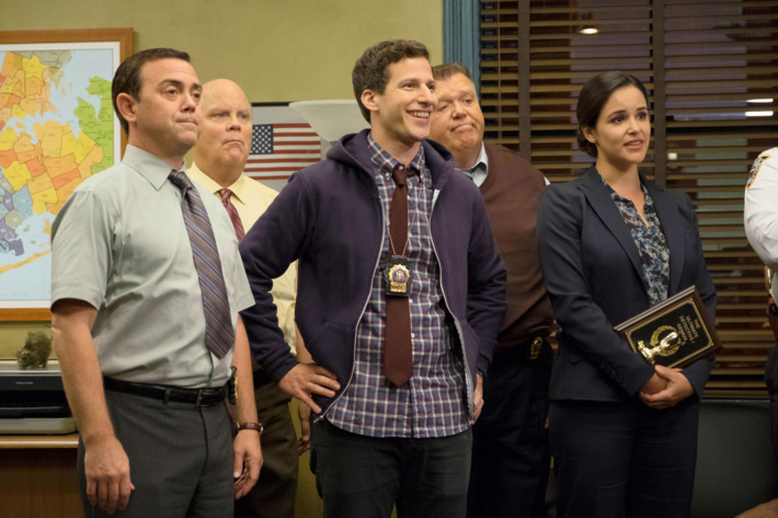 BROOKLYN NINE-NINE: L-R: Joe Lo Truglio, Dirk Blocker, Andy Samberg, Joel McKinnon Miller and Melissa Fumero in the “Halloween IV” episode of BROOKLYN NINE-NINE airing Tuesday, Oct. 18 (8:00-8:31 PM ET/PT) on FOX. CR: John P Fleenor/FOX