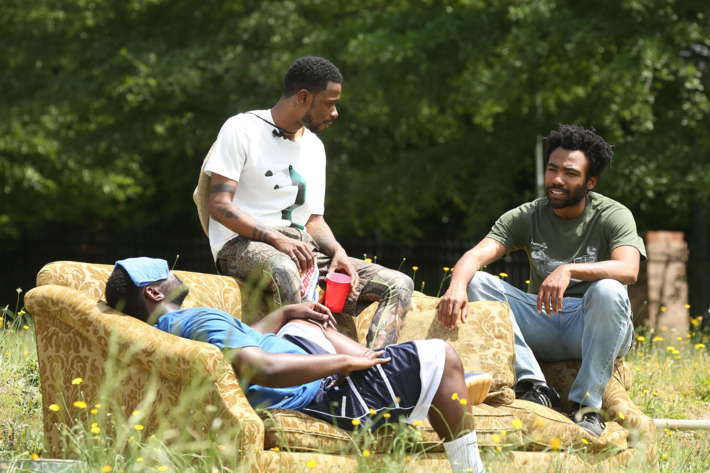 ATLANTA -- "The Jacket" -- Episode 10 (Airs Tuesday, November 1, 10:00 pm e/p) Pictured: (l-r) Brian Tyree Henry as Alfred Miles, Lakeith Stanfield as Darius, Donald Glover as Earnest Marks. CR: Quantrell Colbert/FX