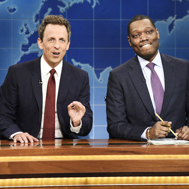 Colin Jost, Seth Meyers, and Michael Che.