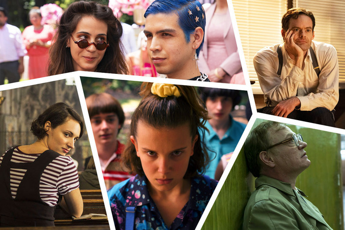Clockwise from top-right: Barry, Chernobyl, Stranger Things, Fleabag, and Los Espookys.
