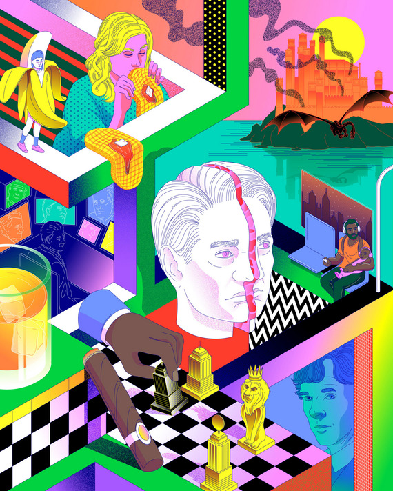Clockwise from top: The sack of Kings Landing from Game of Thrones, Earn and his baby daughter from Atlanta, Agent Dale Cooper from Twin Peaks: The Return, Sherlock Holmes, the Empire chessboard, whiskey and cigars from Mad Men, The Newsroom, George Michael’s banana costume from Arrested Development, and Leslie Knope’s waffle obsession from Parks and Recreation.