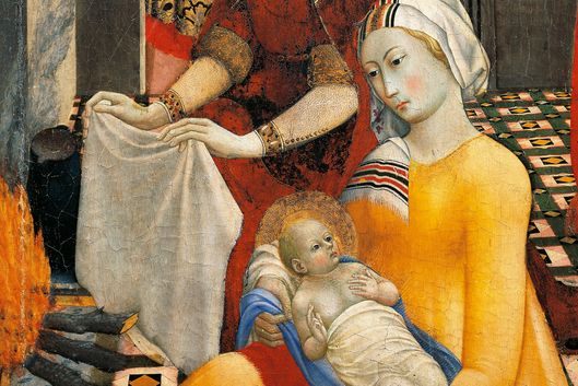 Woman with Virgin, detail from Birth of Virgin, by Master of Osservanza (active 1430-1450)