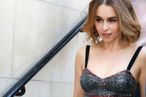 Actress Emilia Clarke wears a Low Cut Cleavage Bearing Dress promoting 