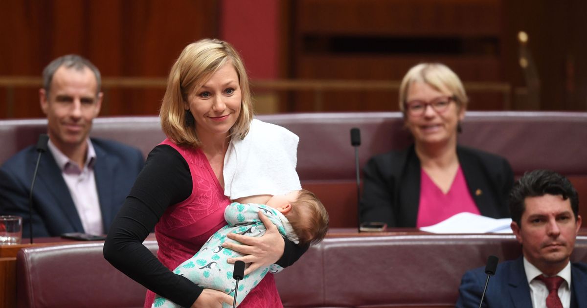 Australian Greens Senator Larissa Waters puts forward a motion on Black Lung disease while breastfeeding her daughter Alia Joy in the Senate Chamber at Parliament House in Canberra, Australian Capital Territory, Australia, 22 June 2017.