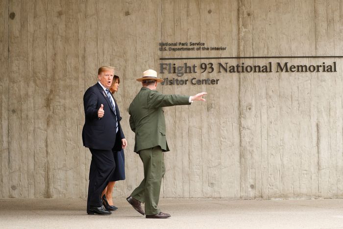 Trump giving a thumbs up at a 9/11 memorial.