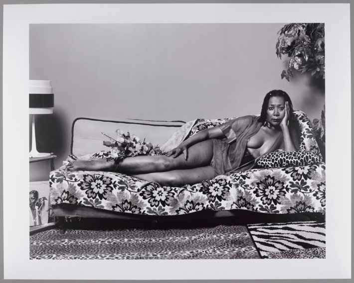 Mickalene Thomas (born Camden, New Jersey, 1971). Madame Mama Bush in Black and White, 2007; printed 2011. Chromogenic photograph, 18 3⁄4 x 23 1⁄2 in. Brooklyn Museum; Gift of Mickalene Thomas, 2011.26. © Mickalene Thomas.