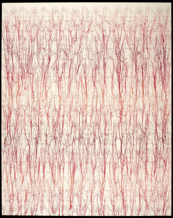 Ghada Amer (born Cairo, Egypt, 1963). Heather's Dégradé, 2006. Embroidery and gel medium on canvas, 78 x 62 in. (1Brooklyn Museum; Elizabeth A. Sackler Center for Feminist Art, Frank L. Babbott Fund, Mary Smith Dorward Fund, William K. Jacobs, Jr. Fund, and Florence B. and Carl L. Selden Fund, 2013.50.1. © Ghada Amer. Courtesy Cheim & Read, New York.