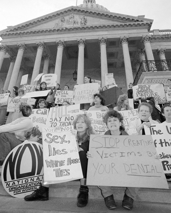 Women protest the nomination of Clarence Thomas for the Supreme Court on the steps of the U.S. Capitol in Washington, Tuesday, Oct. 15, 1991.